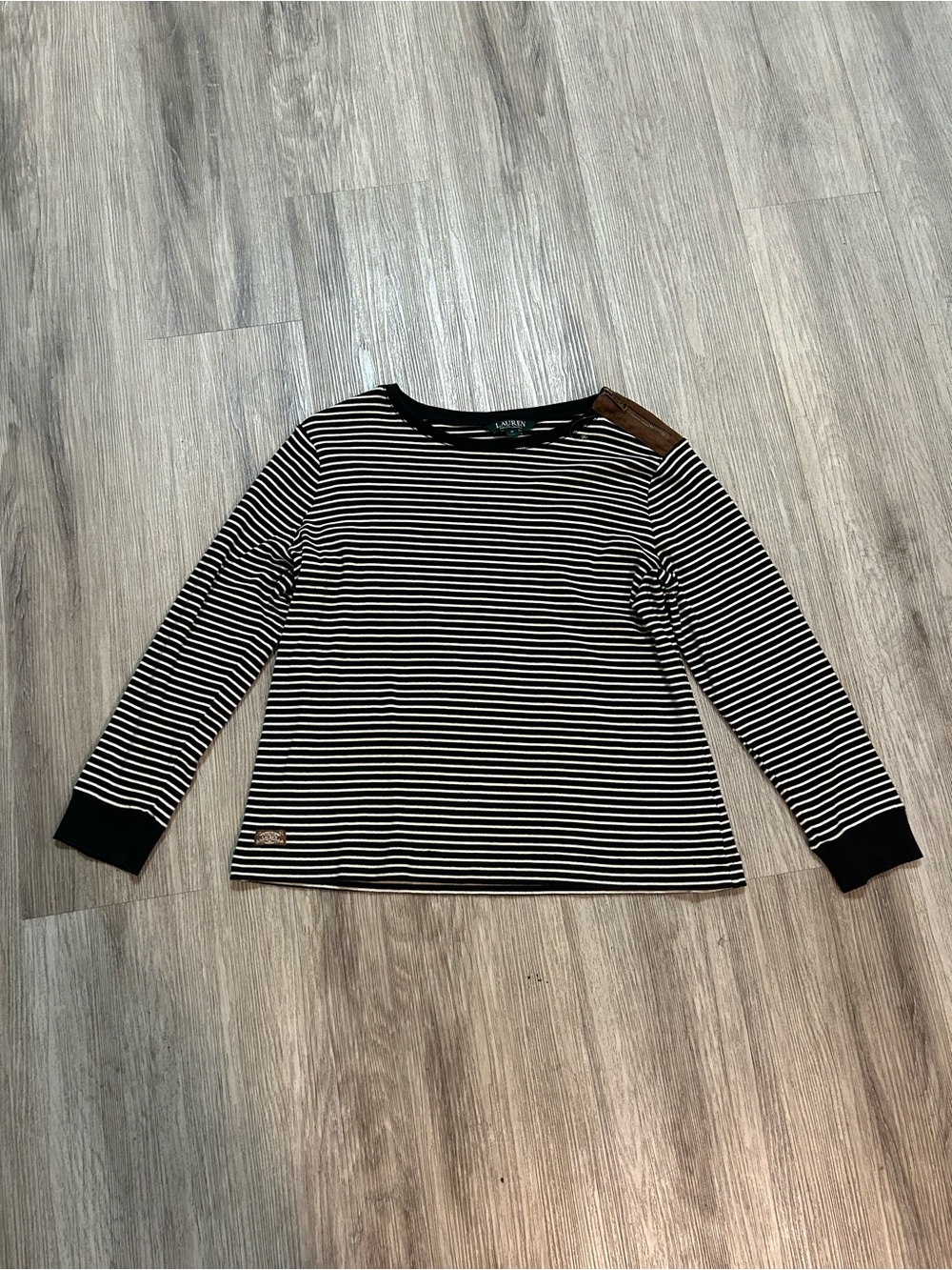 Lauren Ralph Lauren Striped Crewneck with Brown Elbow Patches - Picture 2 of 10